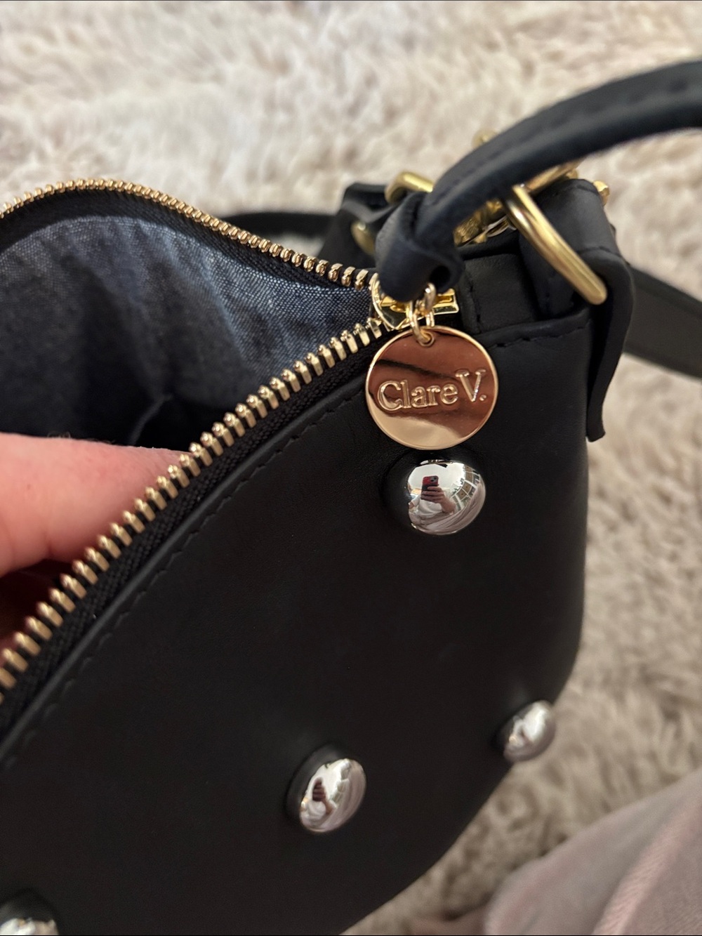 Black Stud-Embellished Crossbody Bag with Gold Hardware - Picture 3 of 8